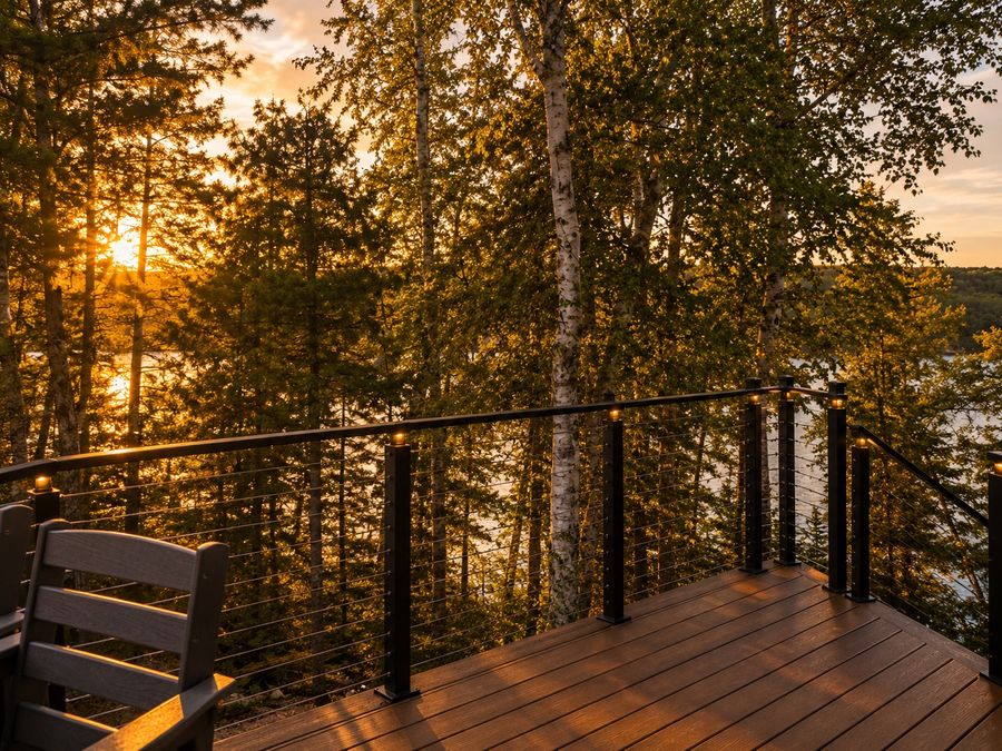 Wrap-around deck over the lake at sunset