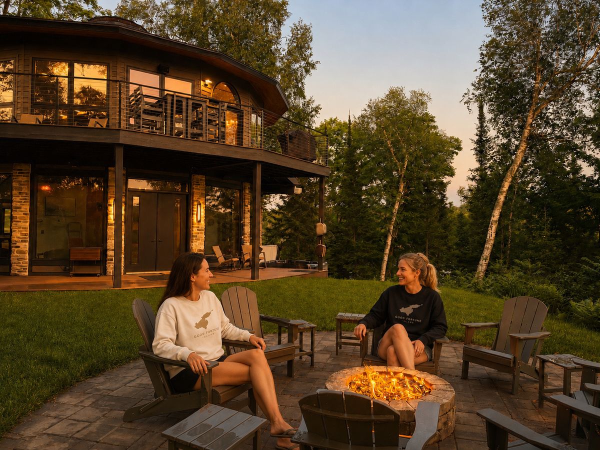 Guests gathered at the fire pit below the round house