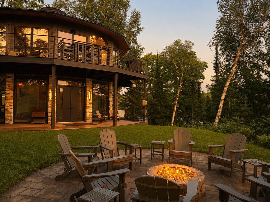 Round house and fire pit at golden hour